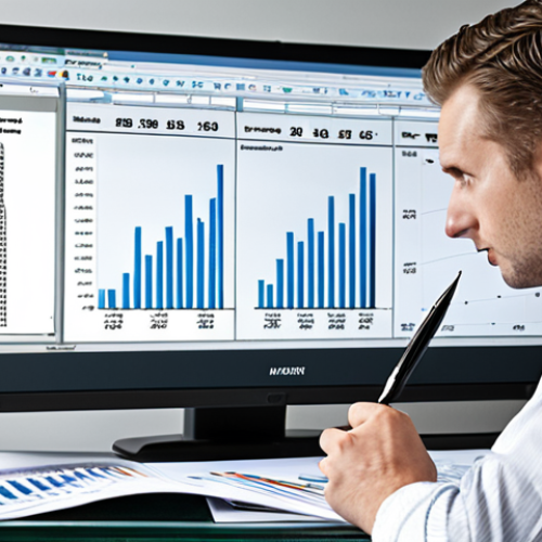 Home 15 **A consultant meticulously reviewing financial statements in a modern office. Spreadsheets and charts are visible on a large monitor, with the consultant highlighting key data points with a pen. The atmosphere is focused and analytical.**
