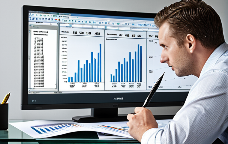 **A consultant meticulously reviewing financial statements in a modern office. Spreadsheets and charts are visible on a large monitor, with the consultant highlighting key data points with a pen. The atmosphere is focused and analytical.**