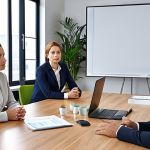 **

"Corporate restructuring meeting. Emphasize transparency and communication. People are actively listening and engaging. Bright, open office space."

**