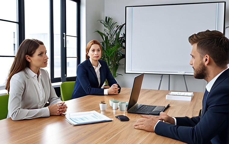 **
"Corporate restructuring meeting. Emphasize transparency and communication. People are actively listening and engaging. Bright, open office space."
**