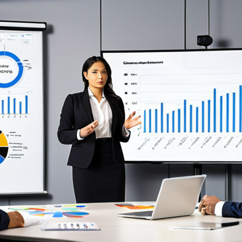 ** A dynamic presentation scene. A confident business consultant is presenting data-driven insights to a group of executives in a modern office setting. The scene captures the essence of effective communication and problem-solving. Consider adding visual elements like graphs, charts, or a whiteboard with key strategies.

**