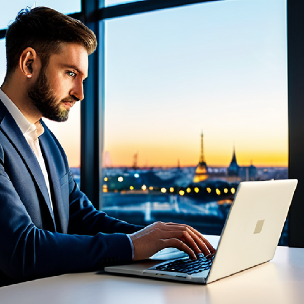 A professional person, fully clothed in modest business casual attire, working autonomously on a laptop in a bright, modern co-working space. The background features a subtle view of a vibrant European city skyline at dusk, reflecting global reach and digital opportunities. The subject is in a natural pose, looking engaged and focused, showcasing perfect anatomy, correct proportions, well-formed hands, and proper finger count. The lighting is soft and professional, with a high-quality, sharp focus. This image is safe for work, appropriate content, fully clothed, and professional.