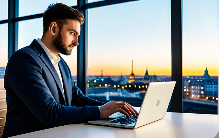 A professional person, fully clothed in modest business casual attire, working autonomously on a laptop in a bright, modern co-working space. The background features a subtle view of a vibrant European city skyline at dusk, reflecting global reach and digital opportunities. The subject is in a natural pose, looking engaged and focused, showcasing perfect anatomy, correct proportions, well-formed hands, and proper finger count. The lighting is soft and professional, with a high-quality, sharp focus. This image is safe for work, appropriate content, fully clothed, and professional.