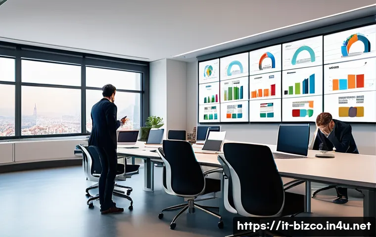 기업경영지도사와 사업 성과 평가 사례 - A modern Italian small business office setting with professionals analyzing real-time performance da...