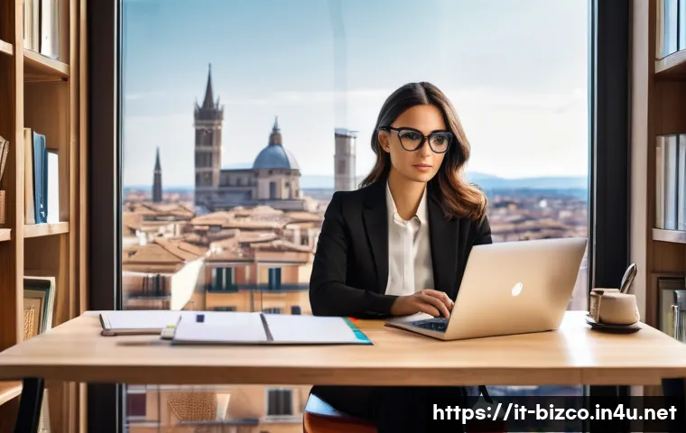 기업경영지도사 시험 합격률 분석 - A modern Italian business consultant study scene: a young professional woman sitting at a sleek wood...