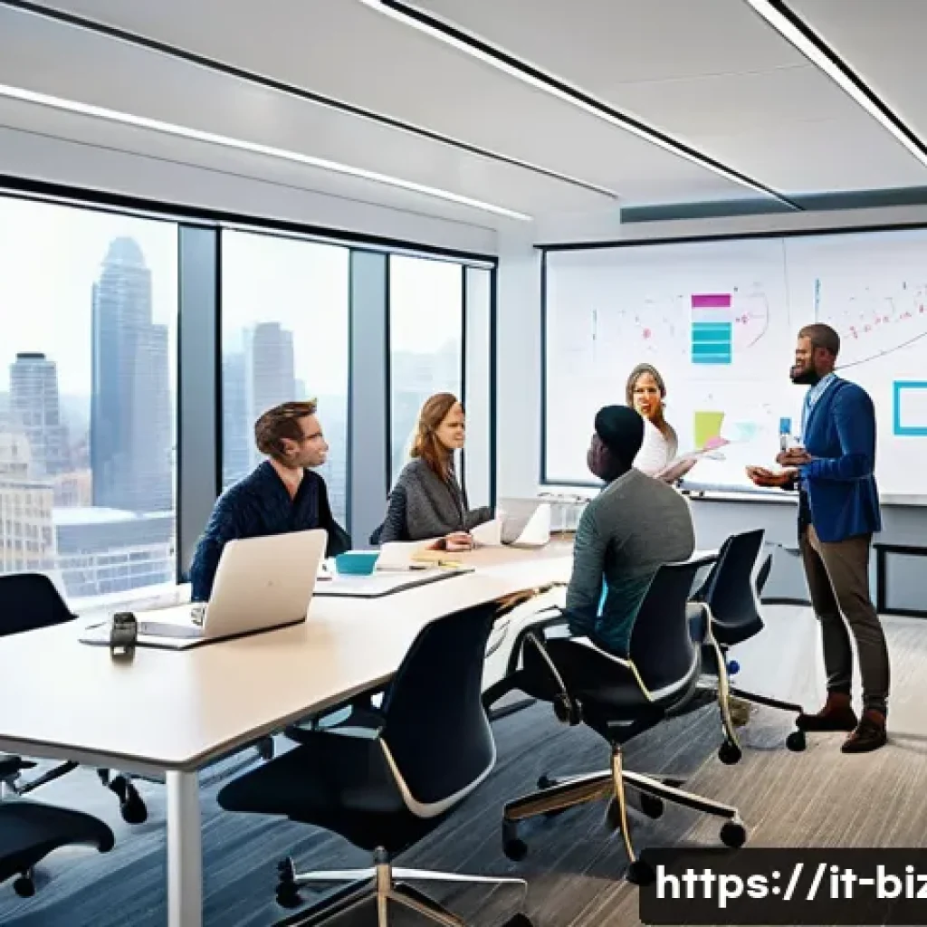 기업경영지도사로 일하며 겪은 가장 큰 도전 - A modern corporate office scene depicting a diverse group of professionals in business casual attire...