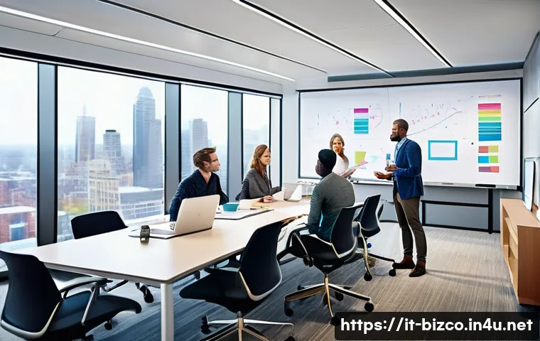 기업경영지도사로 일하며 겪은 가장 큰 도전 - A modern corporate office scene depicting a diverse group of professionals in business casual attire...