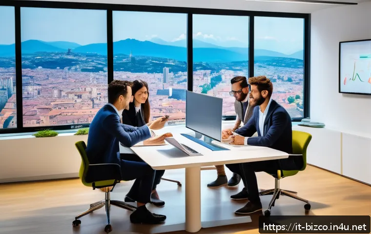 기업경영지도사와 비즈니스 분석 - A modern Italian office environment showing a diverse team of professionals collaborating around a l...