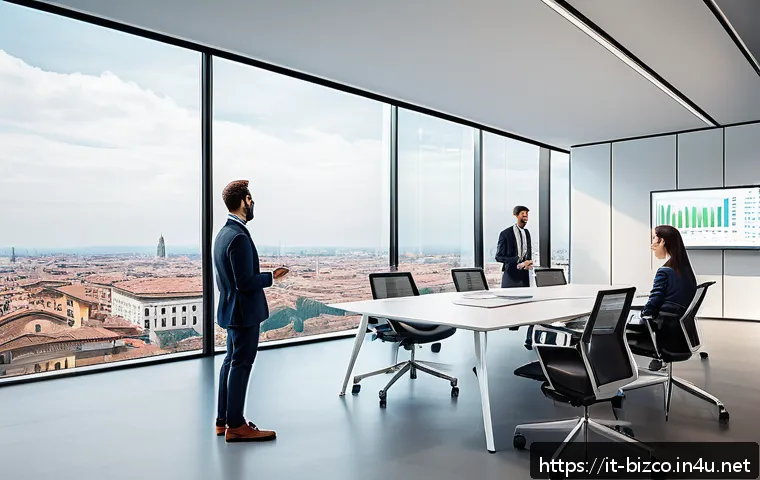 기업경영지도사로서의 데이터 기반 의사결정 - A modern office scene showcasing a diverse team of Italian business professionals collaborating arou...