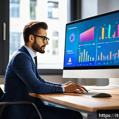 기업경영지도사로 일하며 겪는 문제 해결법 - A modern Italian business consultant in a sleek office setting, engaging with a digital touchscreen ...