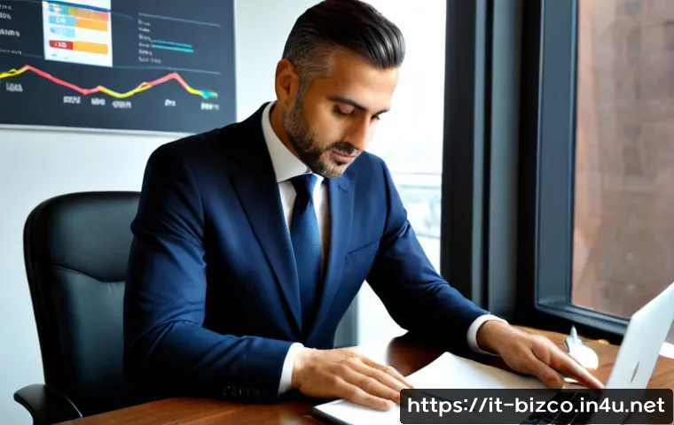 기업경영지도사 연봉 데이터와 분석 - Photorealistic Italian business consultant in a tailored navy suit reviewing salary analytics on a c...